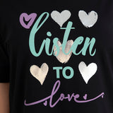 Βαμβακερό κοντομάνικο μπλουζάκι Listen to love σε Μαύρο χρώμα σε μεγάλα μεγέθη
