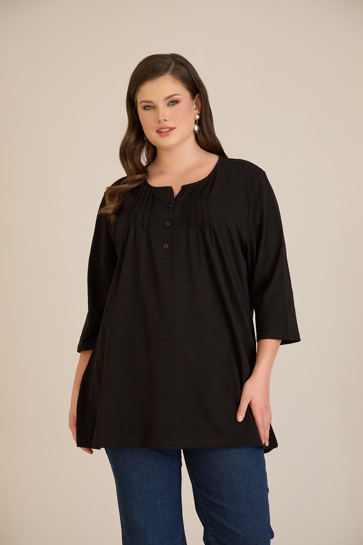 Βαμβακερή τουνίκ με παγιέτες και μανίκια 7/8 σε Μαύρο χρώμα σε μεγάλα μεγέθη