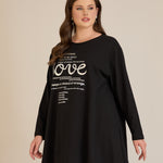 Βαμβακερή τουνίκ με ασημί στάμπα Love σε μαύρο χρώμα σε μεγάλα μεγέθη
