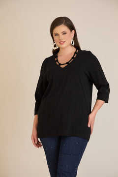 Μπλούζα με εντυπωσιακό ντεκολτέ τύπου κολιέ - Μαύρο