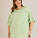 Βαμβακερή μπλούζα oversize 10967 με πετρούλες σε χρώμα μέντα σε μεγάλα μεγέθη