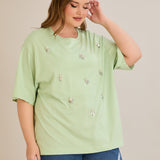 Βαμβακερή μπλούζα oversize 10967 με πετρούλες σε χρώμα μέντα σε μεγάλα μεγέθη