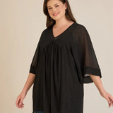 Σετ τουνίκ από μουσελίνα πολυτελείας και ελαστικό Τοπ σε μαύρο χρώμα σε μεγάλα μεγέθη