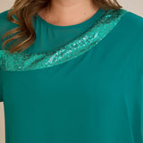 Αμπιγιέ φόρεμα από μουσελίνα και παγιέτες σε τυρκουάζ πράσινο χρώμα σε μεγάλα μεγέθη