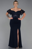 Επίσημο μακρύ φόρεμα με δαντέλα σε μεγάλα μεγέθη - Σκούρο μπλε N2571