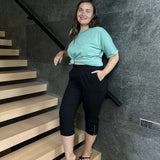 Βαμβακερό κάπρι (7/8) παντελόνι με ελαστική μέση -Μαύρο