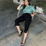 Βαμβακερό κάπρι (7/8) παντελόνι με ελαστική μέση -Μαύρο