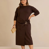 Κομψό φόρεμα με χρυσές λεπτομέρειες- Καφέ