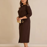 Κομψό φόρεμα με χρυσές λεπτομέρειες- Καφέ