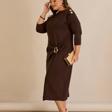 Κομψό φόρεμα με χρυσές λεπτομέρειες- Καφέ