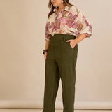 Κομψό παντελόνι με μπροστινή ραφή και ψηλή μέση – Χακί