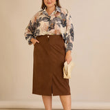 Midi κομψή φούστα με ελαστική μέση – Καφέ