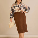 Midi κομψή φούστα με ελαστική μέση – Καφέ