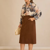 Midi κομψή φούστα με ελαστική μέση – Καφέ