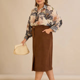 Midi κομψή φούστα με ελαστική μέση – Καφέ