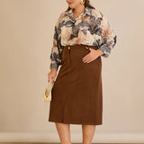 Midi κομψή φούστα με ελαστική μέση – Καφέ