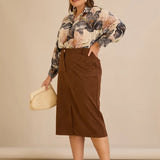 Midi κομψή φούστα με ελαστική μέση – Καφέ