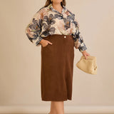 Midi κομψή φούστα με ελαστική μέση – Καφέ