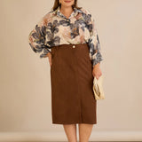 Midi κομψή φούστα με ελαστική μέση – Καφέ