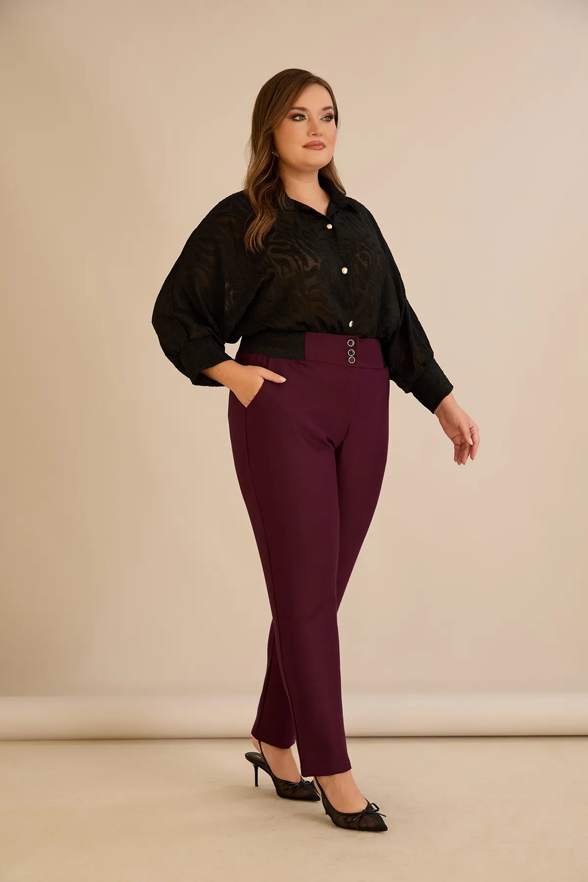 Κομψό βαμβακερό παντελόνι με κλασική γραμμή σε Μπορντό χρώμα σε μεγάλα μεγέθη