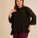 Κομψή μπλούζα με βολάν από μουσελίνα  – Μαύρο