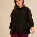 Κομψή μπλούζα με βολάν από μουσελίνα  – Μαύρο