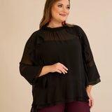 Κομψή μπλούζα με βολάν από μουσελίνα  – Μαύρο