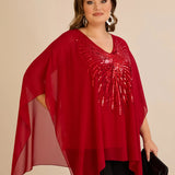 Κομψή τουνίκ με λεπτομέρειες από παγιέτες σε άνετη γραμμή σε Κόκκινο  χρώμα σε μεγάλα μεγέθη 