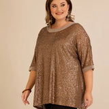 Αμπιγιέ μπλούζα με παγιέτες και ρεγκλάν μανίκια σε χρυσό χρώμα σε μεγάλα μεγέθη