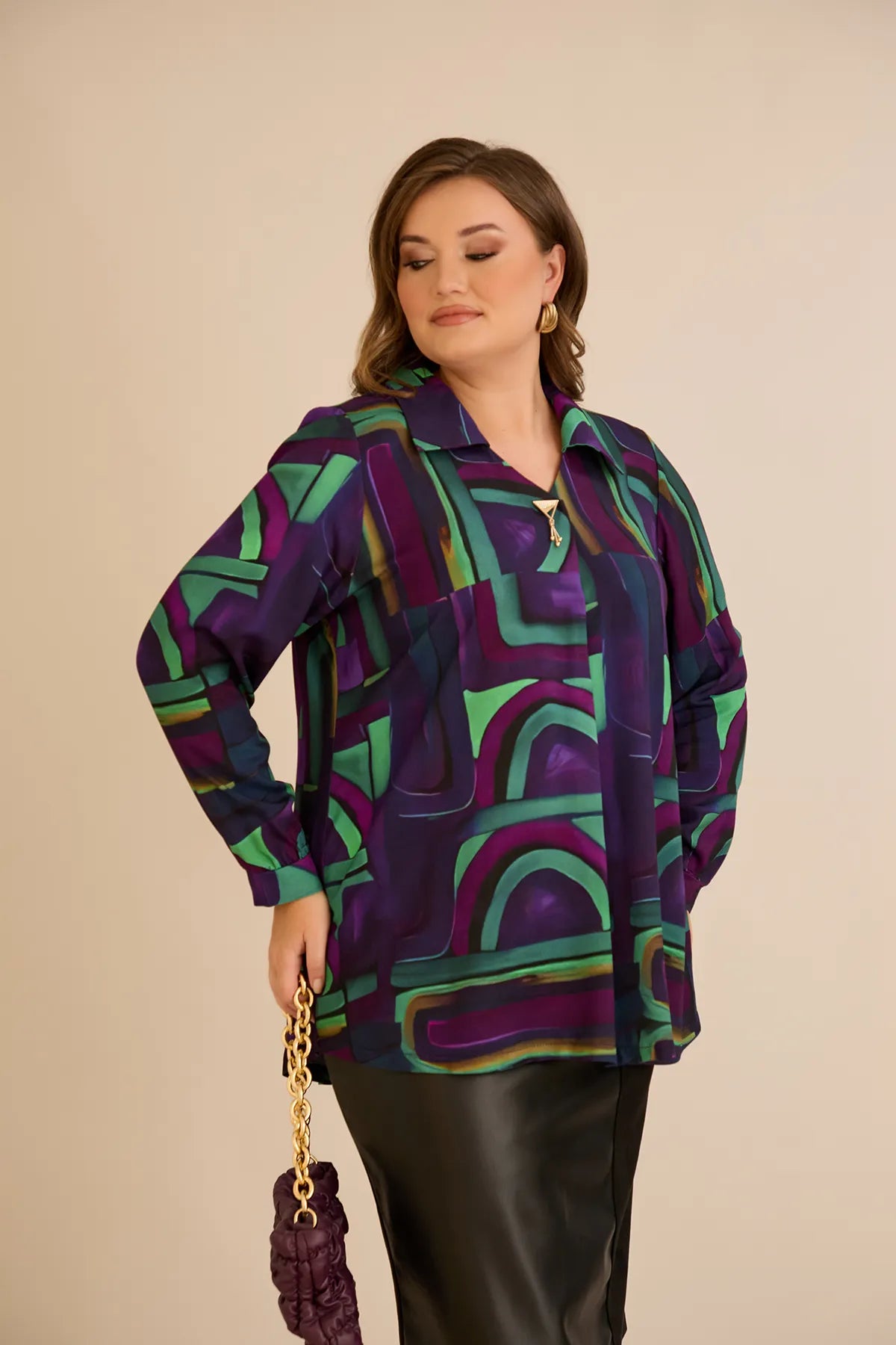 Τουνίκ πουκάμισο με καρφίτσα σε λιλά χρώμα σε μεγάλα μεγέθη