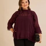 Κομψή μπλούζα με βολάν από μουσελίνα  –Μπορντό
