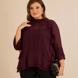 Κομψή μπλούζα με βολάν από μουσελίνα  –Μπορντό