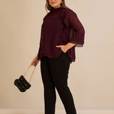 Κομψή μπλούζα με βολάν από μουσελίνα  –Μπορντό