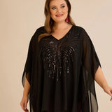 Κομψή τουνίκ με λεπτομέρειες από παγιέτες σε άνετη γραμμή σε μαύρο χρώμα σε μεγάλα μεγέθη 