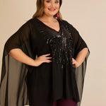 Κομψή τουνίκ με λεπτομέρειες από παγιέτες σε άνετη γραμμή σε μαύρο χρώμα σε μεγάλα μεγέθη 