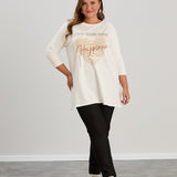 Γυναικείο τουνίκ με στάμπα "Happiness" σε μέγαλα μεγέθη- Εκρού