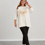 Γυναικείο τουνίκ με στάμπα "Happiness" σε μέγαλα μεγέθη- Εκρού
