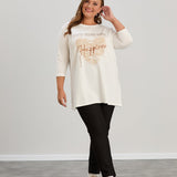 Γυναικείο τουνίκ με στάμπα "Happiness" σε μέγαλα μεγέθη- Εκρού