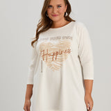 Γυναικείο τουνίκ με στάμπα "Happiness" σε μέγαλα μεγέθη- Εκρού