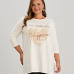 Γυναικείο τουνίκ με στάμπα "Happiness" σε μέγαλα μεγέθη- Εκρού