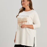 Γυναικείο τουνίκ με στάμπα "Happiness" σε μέγαλα μεγέθη- Εκρού