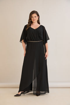 Κομψή ολόσωμη φόρμα από μουσελίνα με αλυσίδα - Μαύρο