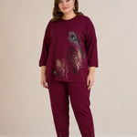 Γυναικείο παντελόνι με κουμπιά σε χρώμα Βουργουνδί σε μεγάλα μεγέθη