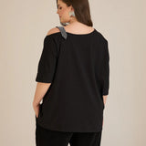 Βαμβακερή μπλούζα με κομψή λεπτομέρεια από στρασάκια - Μαύρο