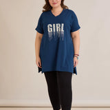 Βαμβακερή τουνίκ με V ντεκολτέ και τύπωμα – Μπλε