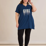 Βαμβακερή τουνίκ με V ντεκολτέ και τύπωμα Μπλε χρώμα σε μεγάλα μεγέθη 