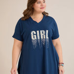 Βαμβακερή τουνίκ με V ντεκολτέ και τύπωμα Μπλε χρώμα σε μεγάλα μεγέθη 