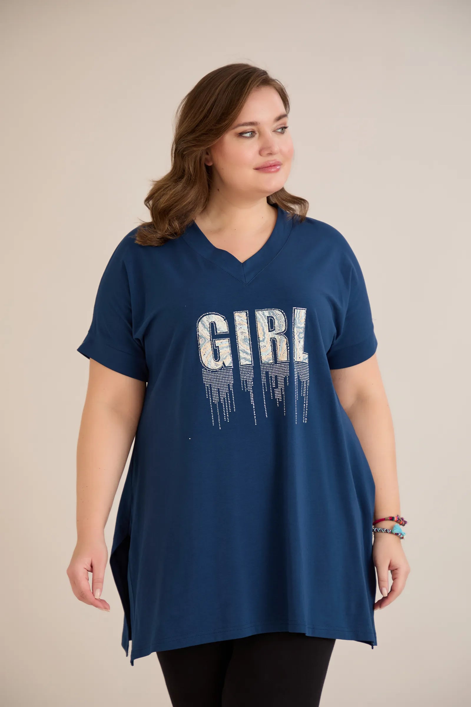 Βαμβακερή τουνίκ με V ντεκολτέ και τύπωμα Μπλε χρώμα σε μεγάλα μεγέθη 