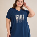 Βαμβακερή τουνίκ με V ντεκολτέ και τύπωμα Μπλε χρώμα σε μεγάλα μεγέθη 