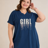 Βαμβακερή τουνίκ με V ντεκολτέ και τύπωμα Μπλε χρώμα σε μεγάλα μεγέθη 